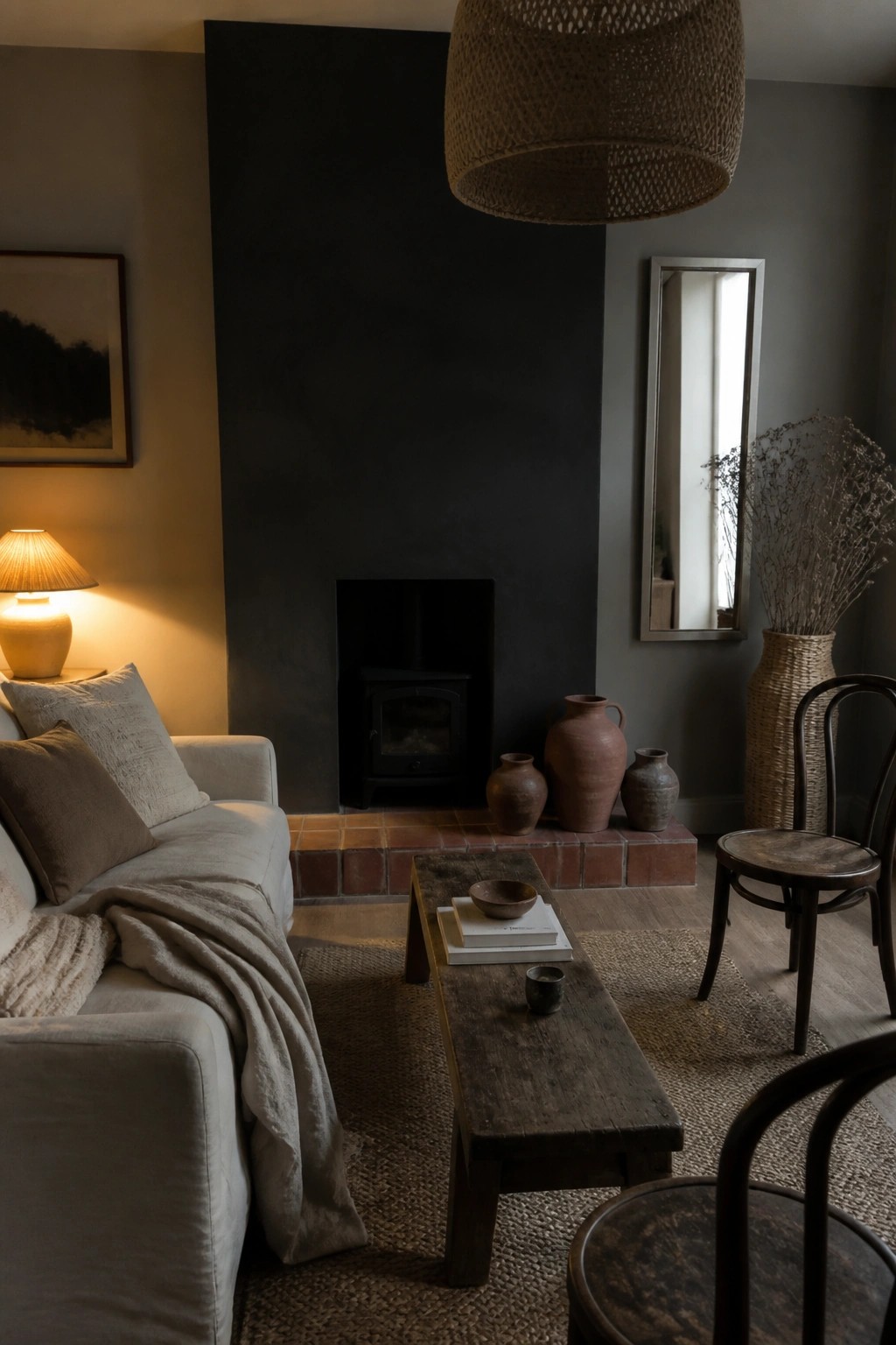 Cozy living room with beige sofa, dark fireplace, wooden table, and woven pendant light