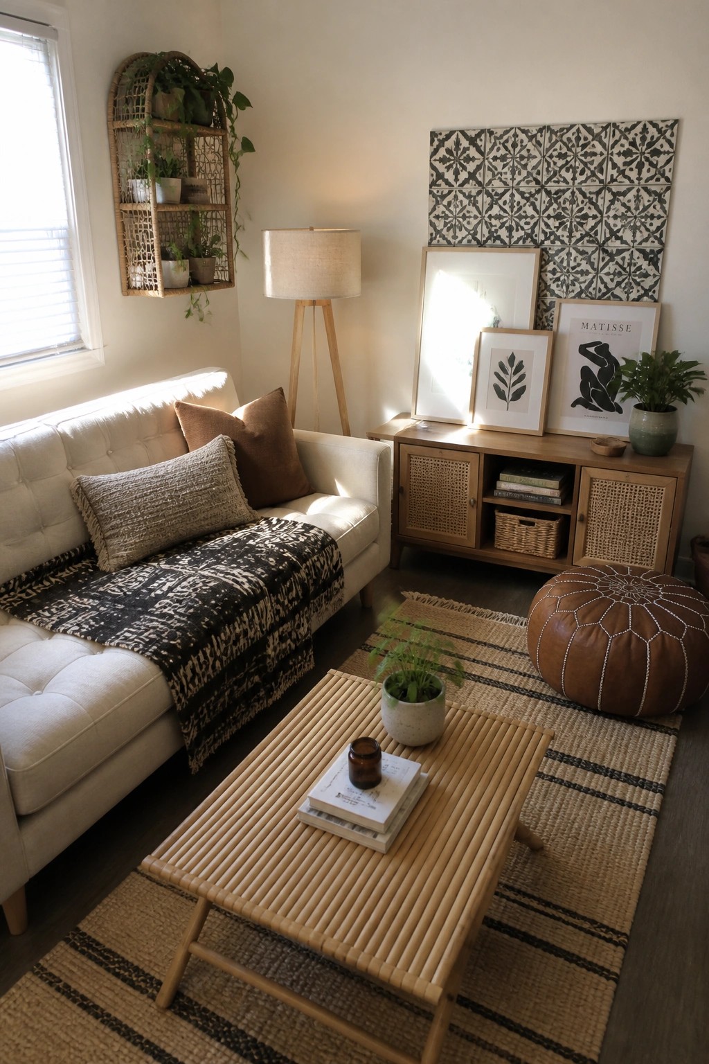 Bright living room with white sofa, bamboo table, leather pouf, and wall art