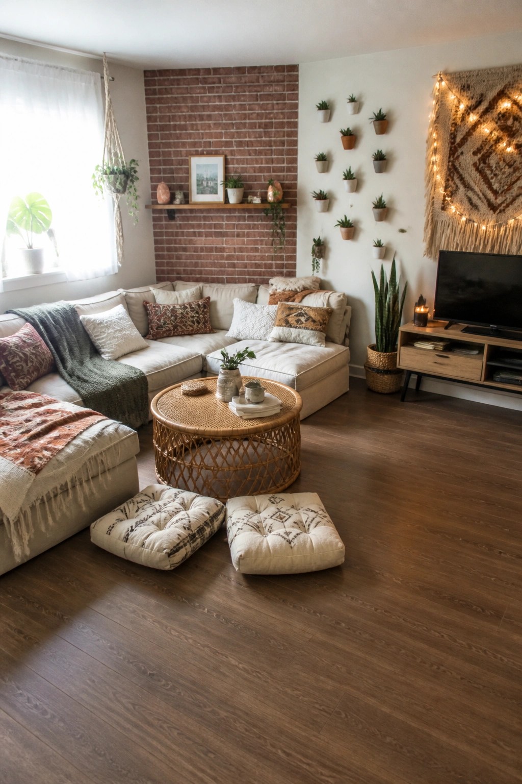 A boho living room with a beige sectional sofa, round woven coffee table, two patterned floor cushions, and plants arranged on a brick accent wall and white surfaces.