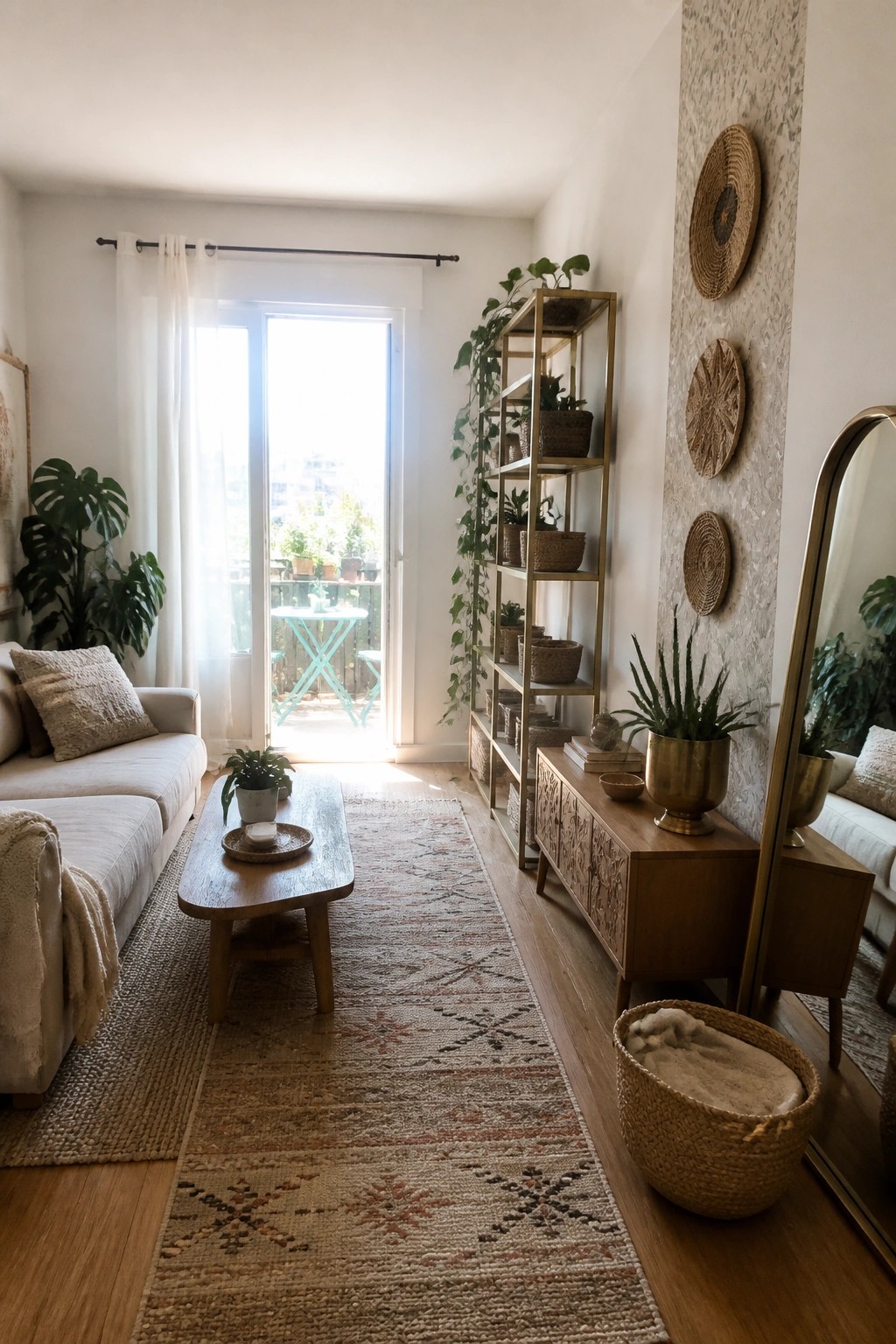 A bright apartment living room with a light sofa, wooden coffee table on a patterned runner rug, tall gold shelving unit holding baskets and plants, and a full-length mirror on a textured wall.