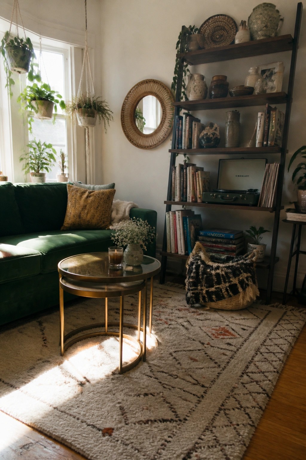 A living room featuring a green velvet sofa, nesting coffee tables, and a large patterned area rug, with a tall leaning bookshelf filled with books and decor items.