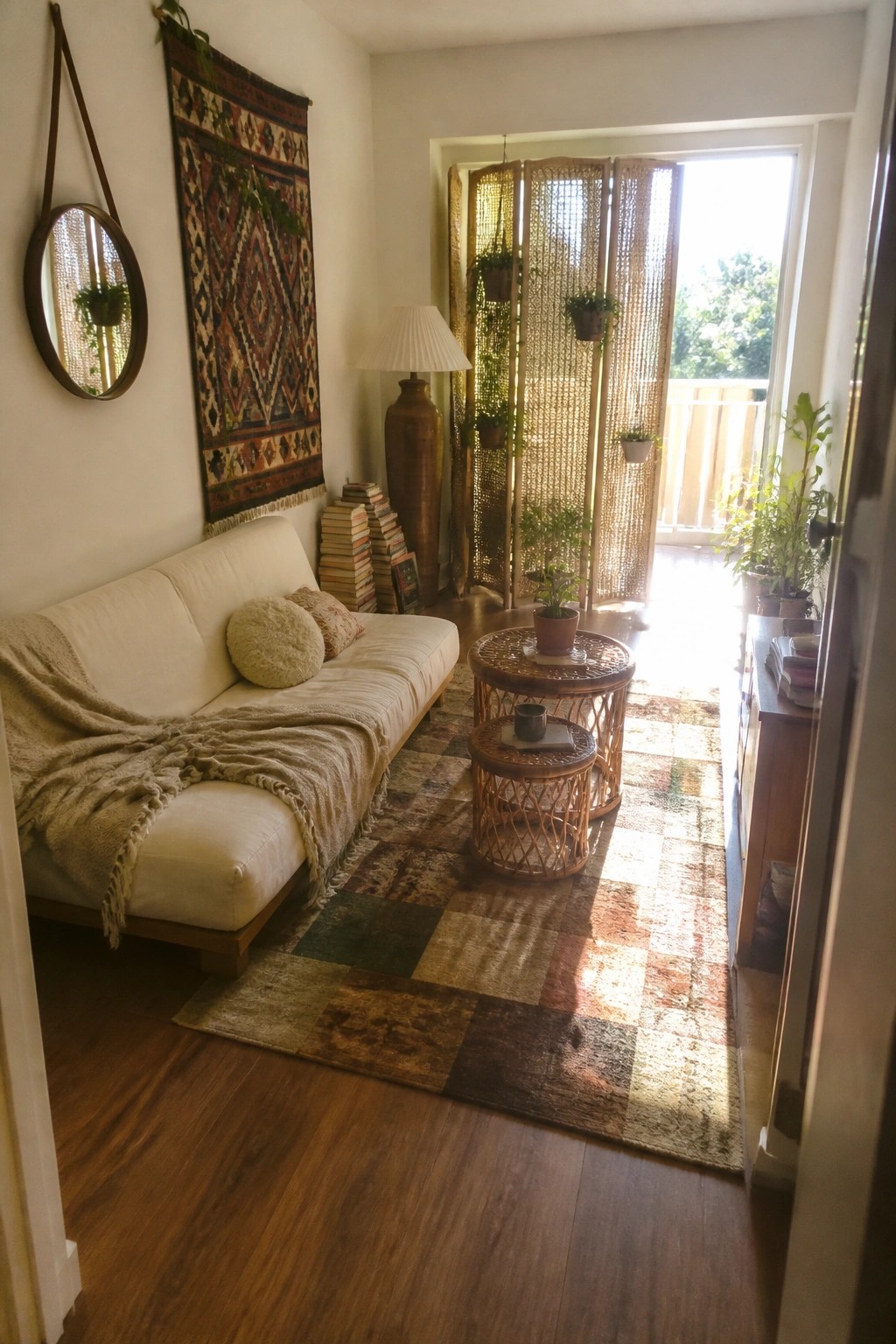 A living room with a white sofa on a large multicolored patchwork rug, rattan coffee tables, stacked books, hanging plants, and a woven wall hanging next to a round mirror.