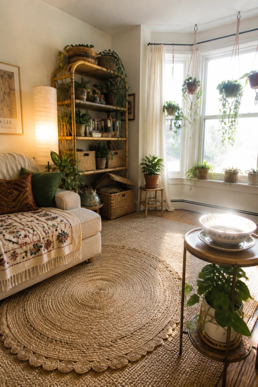 A living room interior featuring a large circular woven jute rug, a white sofa with patterned throw, bamboo shelving with plants and baskets, and hanging plants near a bright window.