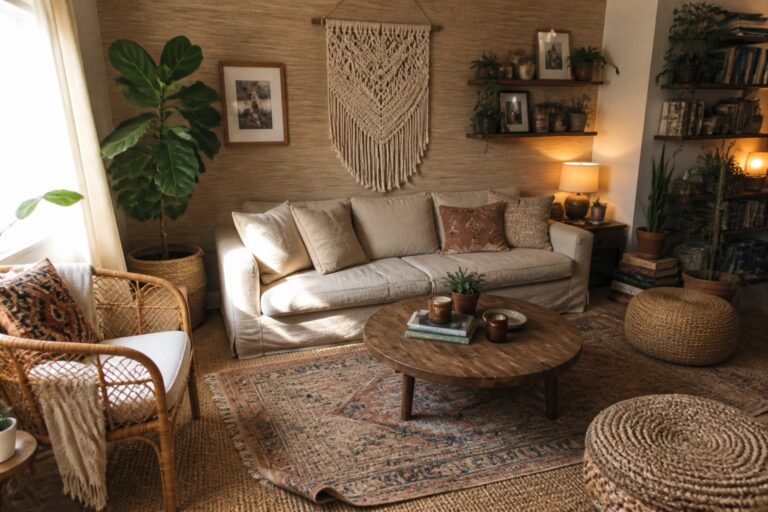 21 Practical Cozy Boho Apartment Living Room Ideas for Renters A living room with a light sofa, round wood coffee table, layered rugs including a large jute base and smaller patterned rug on top, macrame wall hanging, rattan chair, woven poufs, and multiple houseplants.