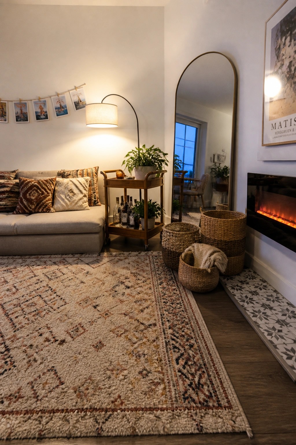 A living room with a large patterned area rug in front of a neutral sofa, a wooden bar cart, woven baskets, an arched mirror, and a fireplace.