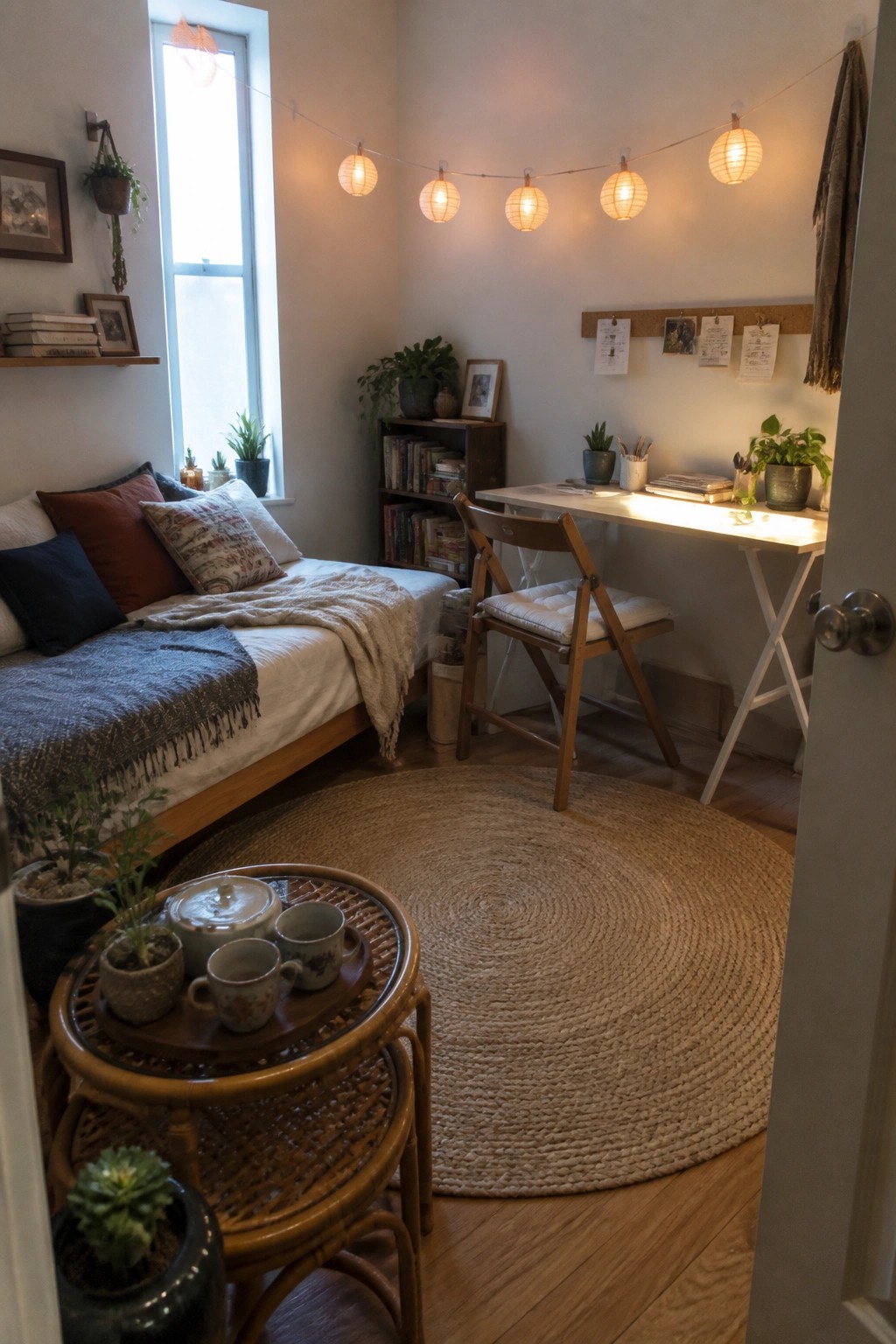 A small room with a daybed, wooden desk, round jute rug, string lights, and several potted plants.