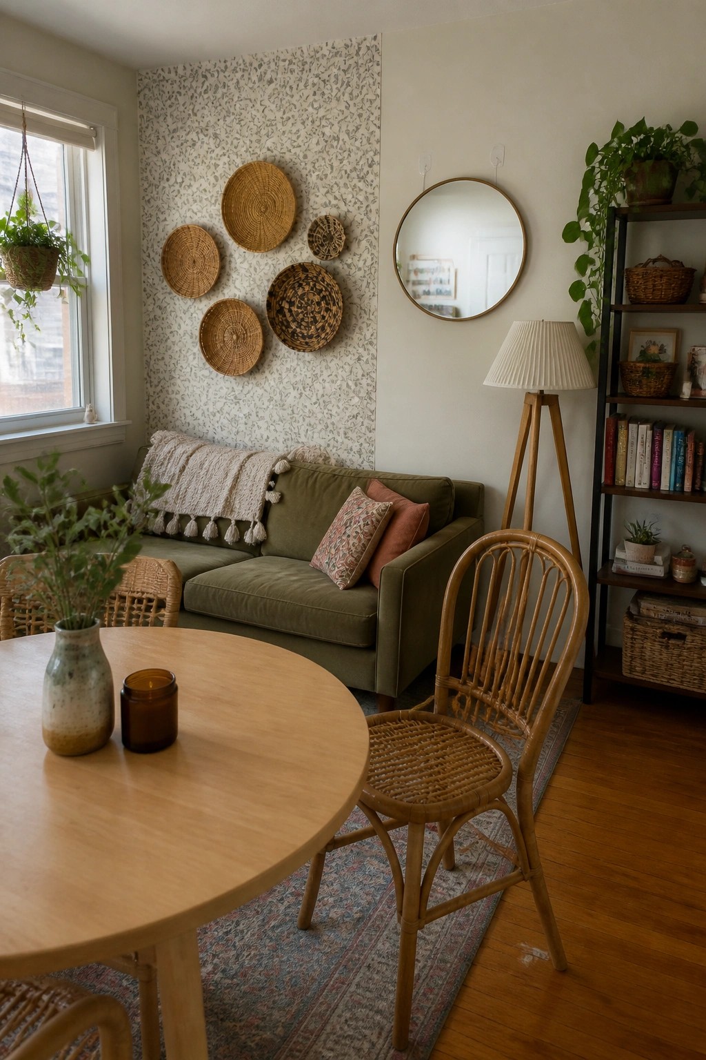 A cozy apartment living room with a green sofa against a wall section covered in patterned wallpaper and hung with woven baskets, a round wooden table with rattan chairs in the foreground, and a tall bookshelf on the right.