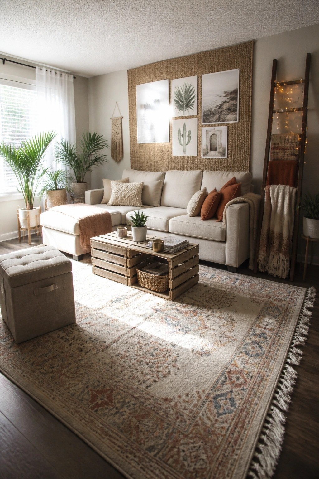 A living room featuring a light sectional sofa positioned in front of a large woven wall panel with several framed prints mounted on it, a wooden crate coffee table, and a patterned area rug.