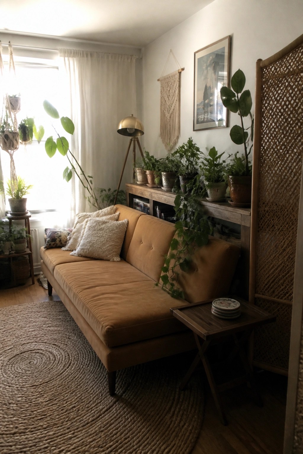 A mustard-colored sofa sits on a round jute rug in a living room filled with potted plants on a wooden console, hanging near the window, and beside a woven room divider.