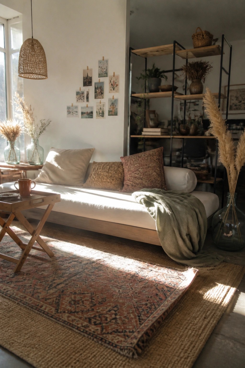 Sunlit bohemian room with white daybed, patterned rugs, pillows, and pampas grass.