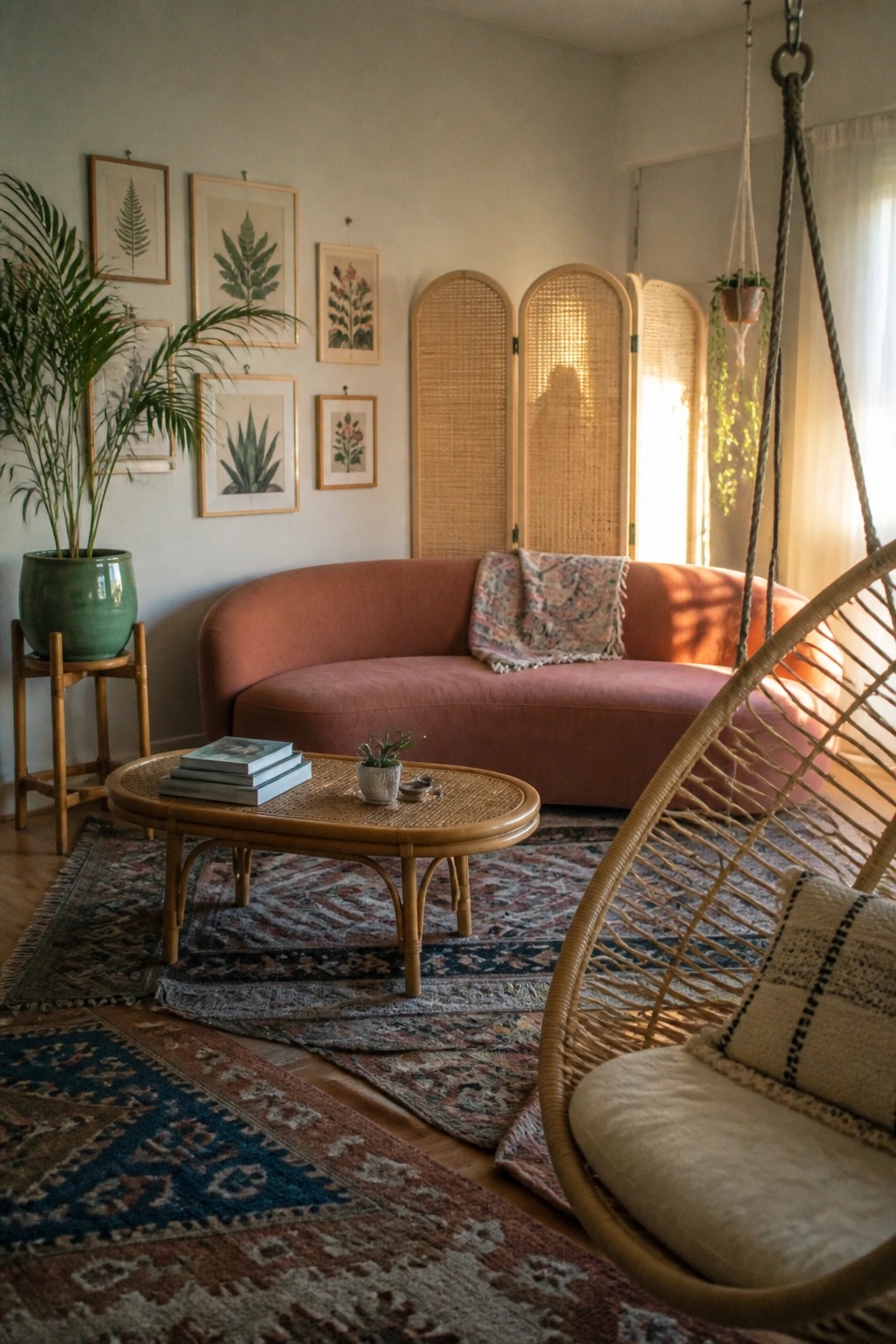 A boho living room with layered patterned rugs, a terracotta curved sofa, rattan coffee table, hanging wicker chair, and gallery wall of botanical prints.