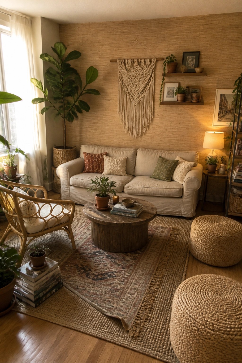 A living room with a light sofa, round wood coffee table, layered rugs including a large jute base and smaller patterned rug on top, macrame wall hanging, rattan chair, woven poufs, and multiple houseplants.