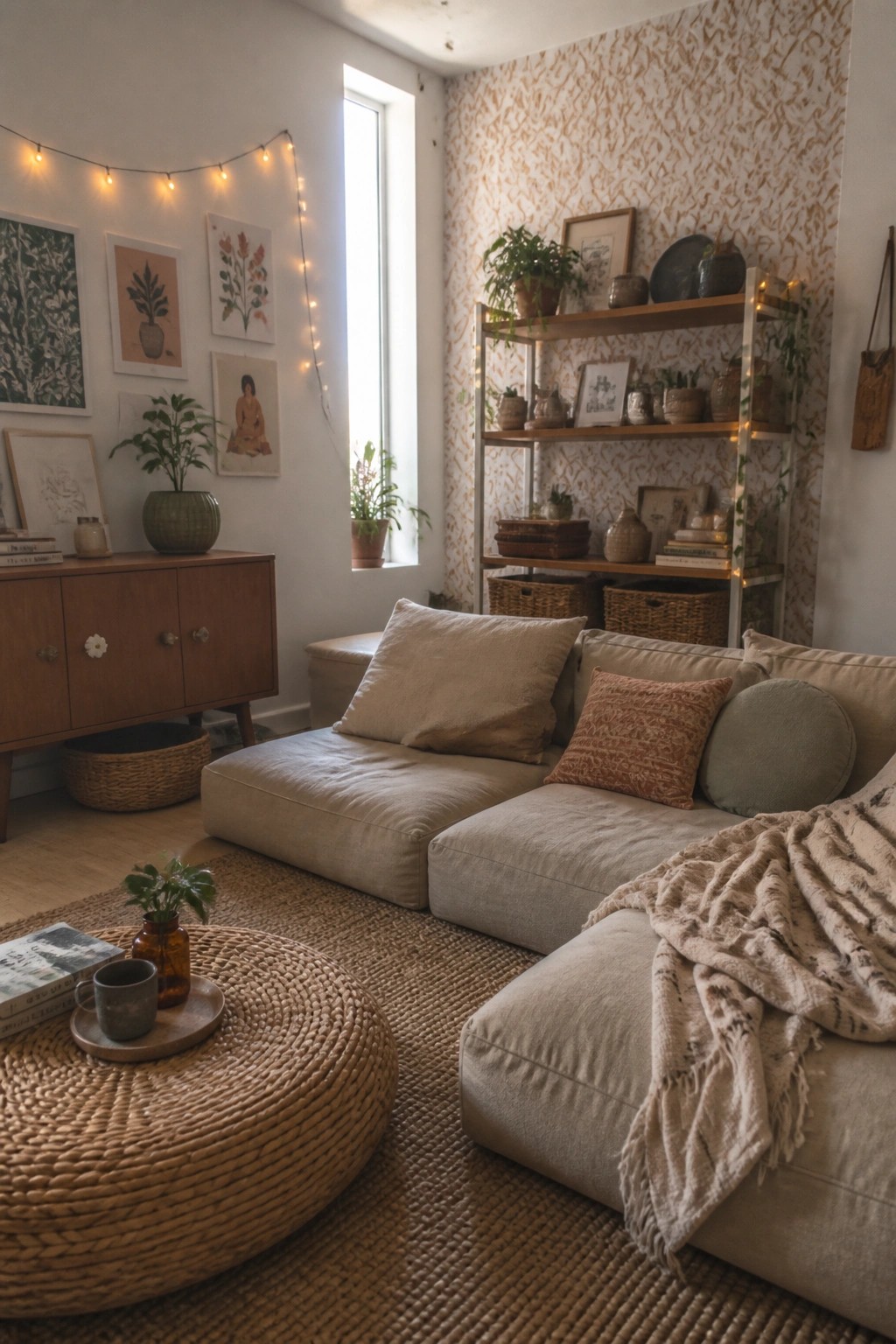 A living room with a beige sectional sofa, large woven rug, round jute ottoman, wall gallery, and wooden shelves filled with plants and decor.