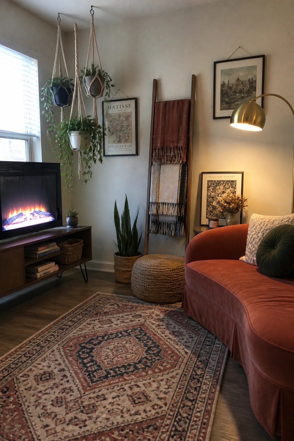 A cozy living room with a red curved sofa, patterned area rug, hanging plants in macrame holders, a wooden ladder draped with blankets, and a TV on a wooden stand.