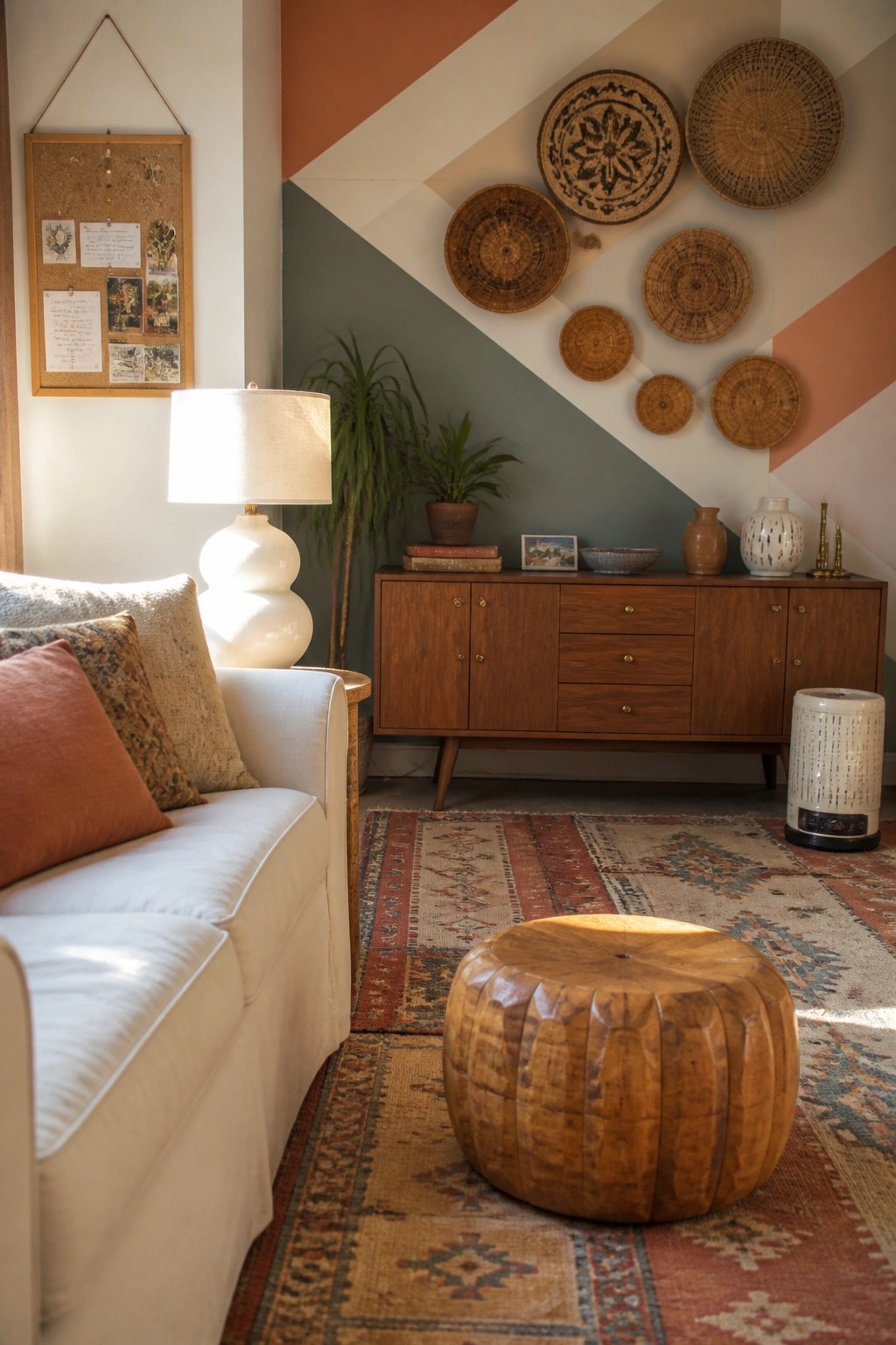 A living room with a white sofa, wooden pouf, and sideboard against a wall painted in geometric terracotta, beige, and green sections, accented with woven baskets.