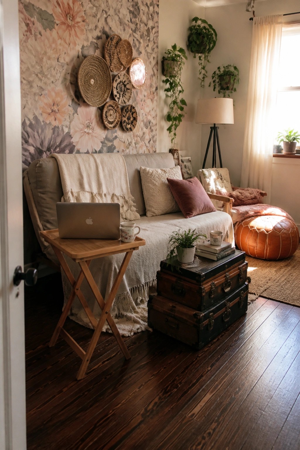 A living room scene showing a beige sofa with pillows and a throw, a small wooden folding table holding a laptop, and three stacked vintage trunks topped with books and a plant.