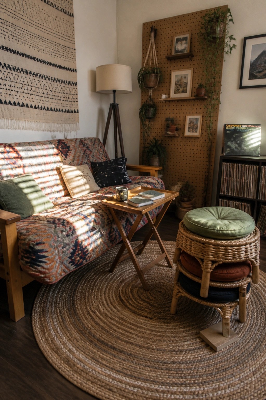A boho living room with a patterned sofa, wooden coffee table on a round jute rug, floor lamp, and a large pegboard wall holding hanging plants and framed pictures.