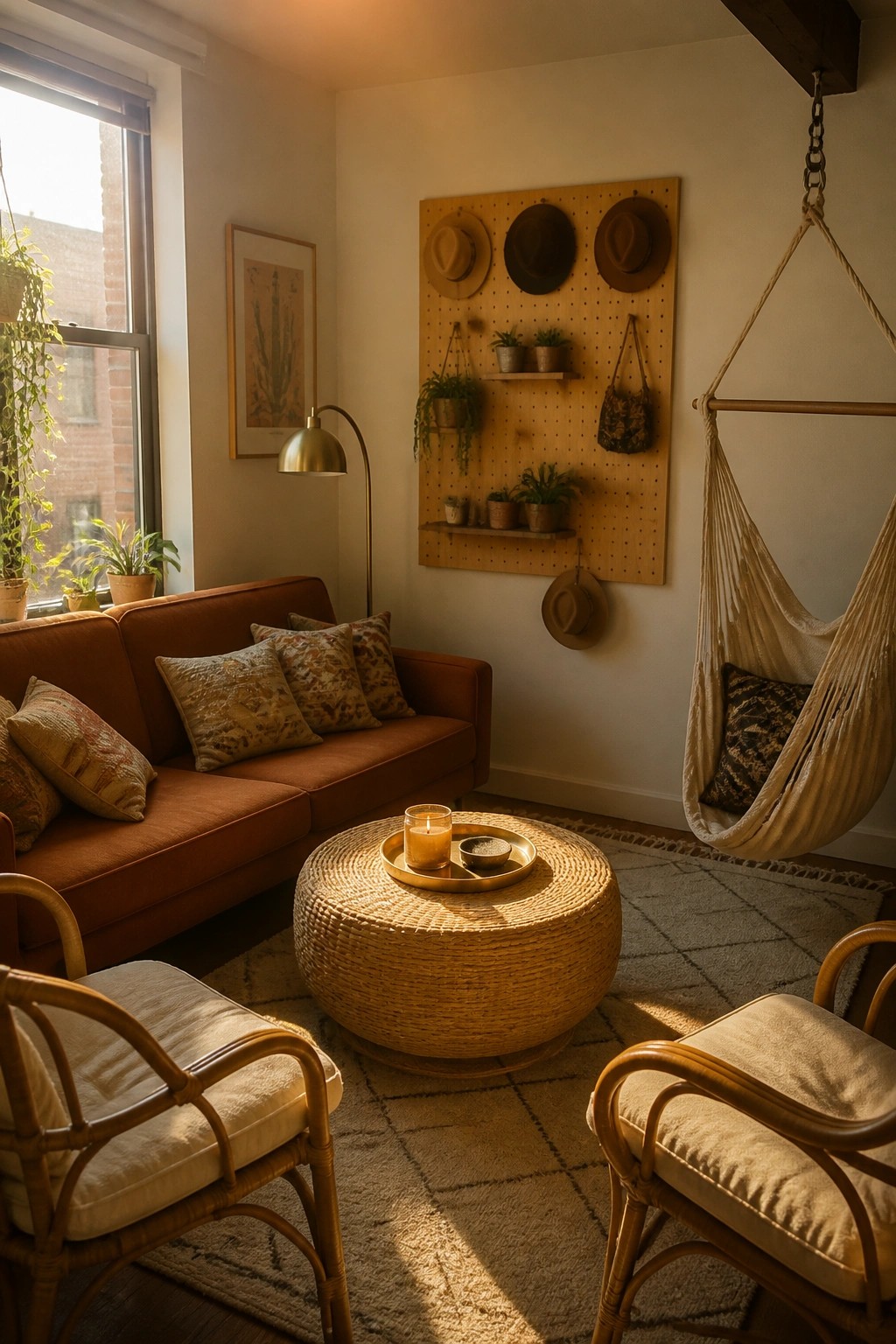 A living room corner showing a wooden pegboard mounted on the wall with hanging hats, small potted plants on shelves, and a hanging hammock chair nearby.