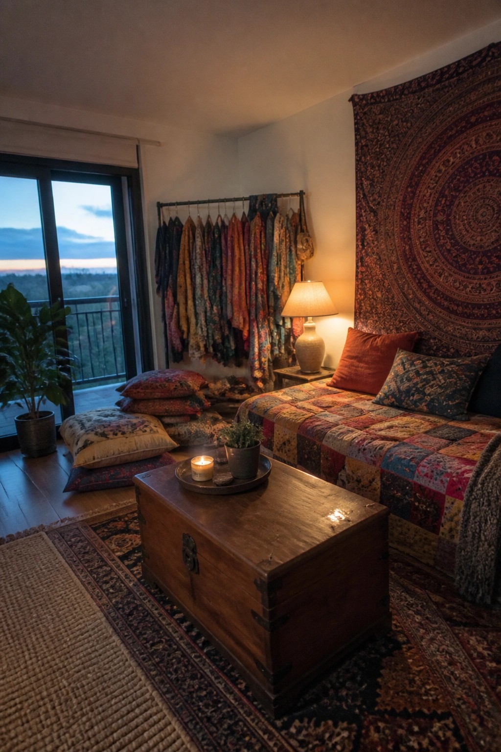 Cozy bohemian bedroom with colorful patchwork quilt, tapestry, hanging fabrics, and candlelit chest.