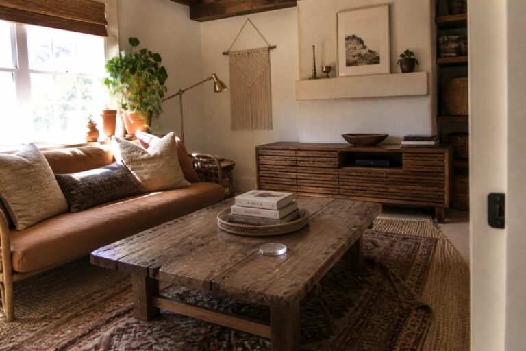 21 Rustic Boho Living Room Decor Ideas Featuring Reclaimed Wood Furniture A living room with a large reclaimed wood coffee table on a patterned rug, a rust-colored sofa, and a macrame wall hanging.