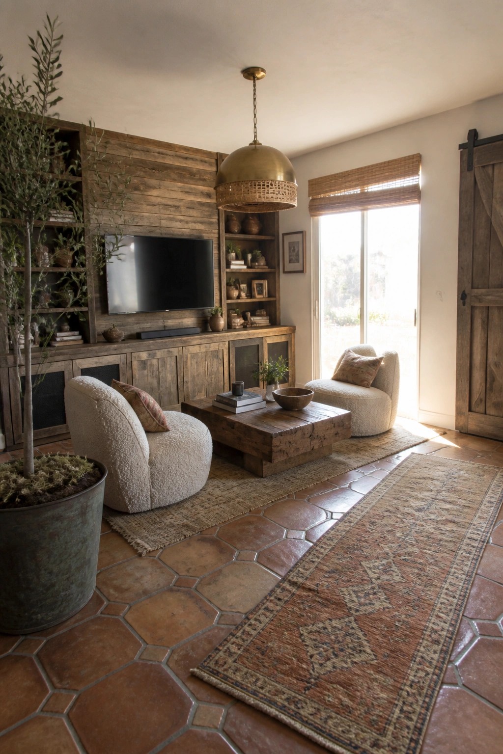 A living room with a large reclaimed wood built-in entertainment center holding a television and open shelves, two light boucle chairs, a wooden coffee table, and layered rugs on terracotta tile.