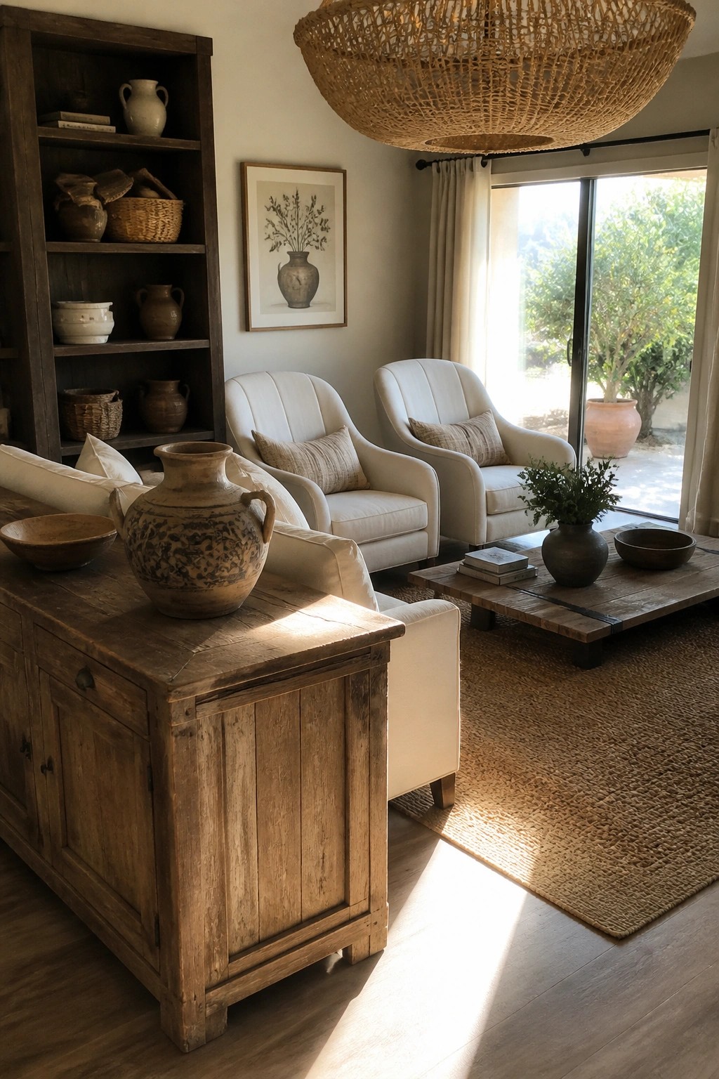 A living room interior showing a large reclaimed wood cabinet in the foreground, two white armchairs, a low wooden coffee table, a tall wooden bookshelf with pottery, and a large woven pendant light.
