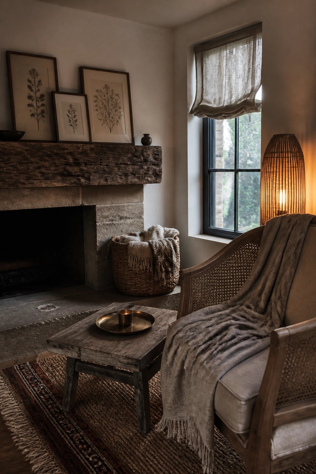 Cozy rustic corner with stone fireplace, cane-back armchair, woven lamp, and wooden table