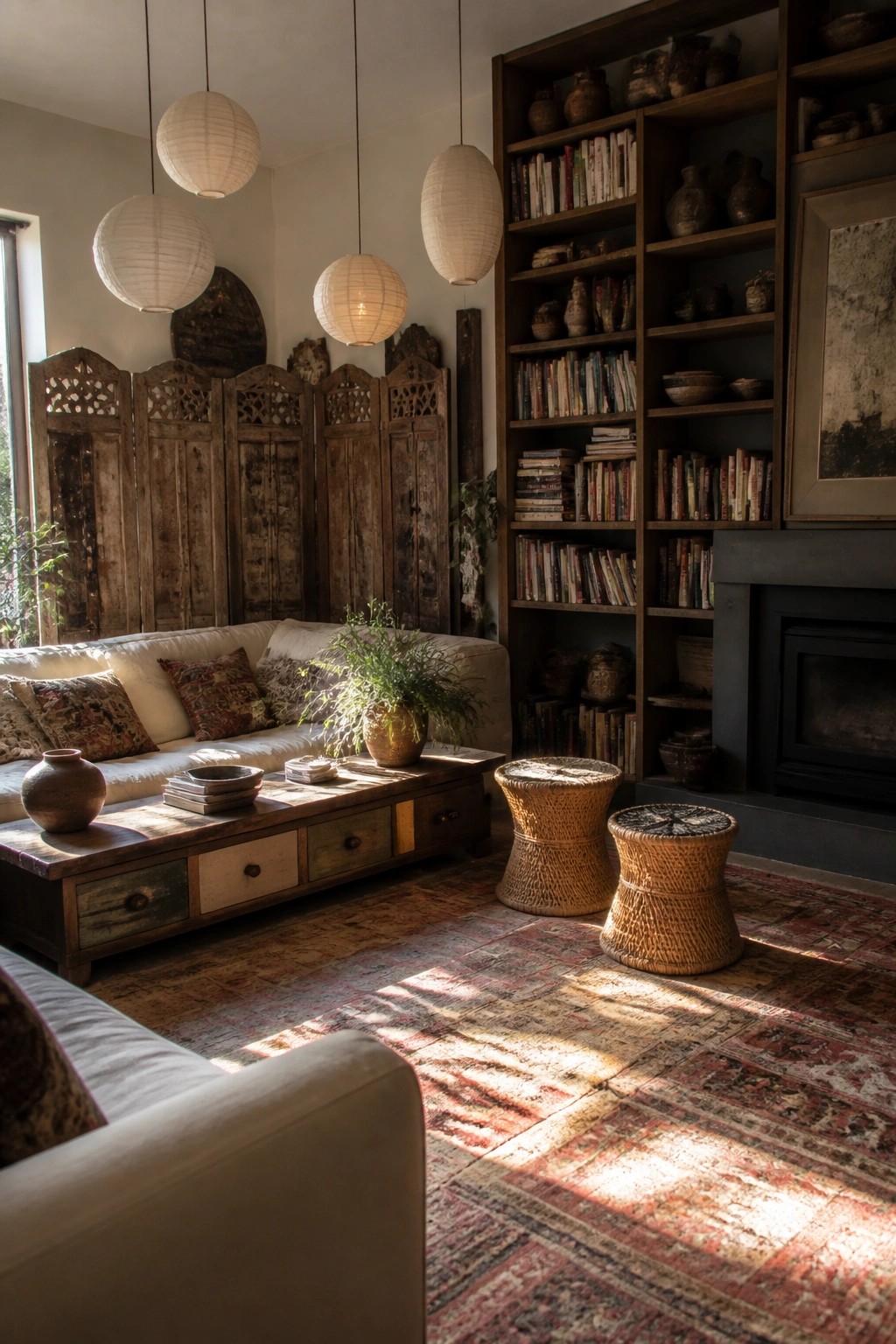 A living room featuring a white sofa, a low reclaimed wood coffee table with multicolored drawers, two woven stools on a patterned rug, a tall wooden bookshelf, and hanging paper lanterns.