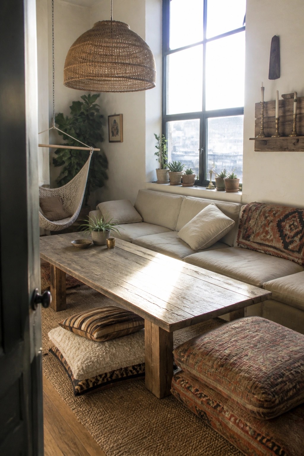 A living room featuring a long reclaimed wood coffee table in front of a neutral sectional sofa, with a large woven pendant light overhead.
