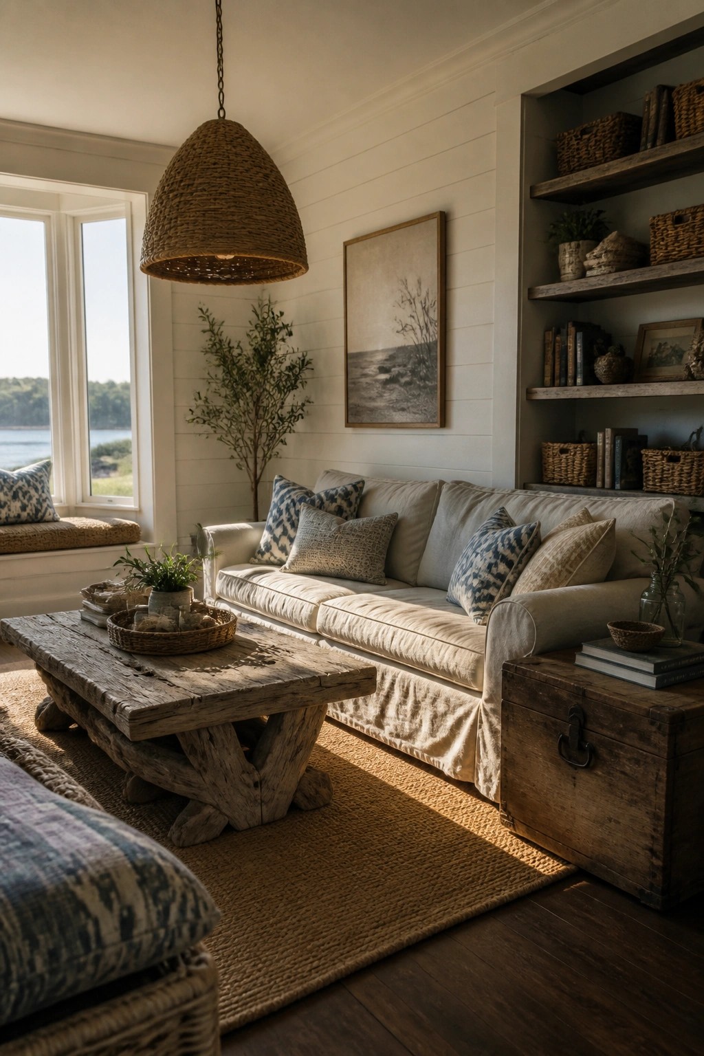 Cozy coastal living room with beige sofa, rustic wood table, woven pendant light, and shelves.