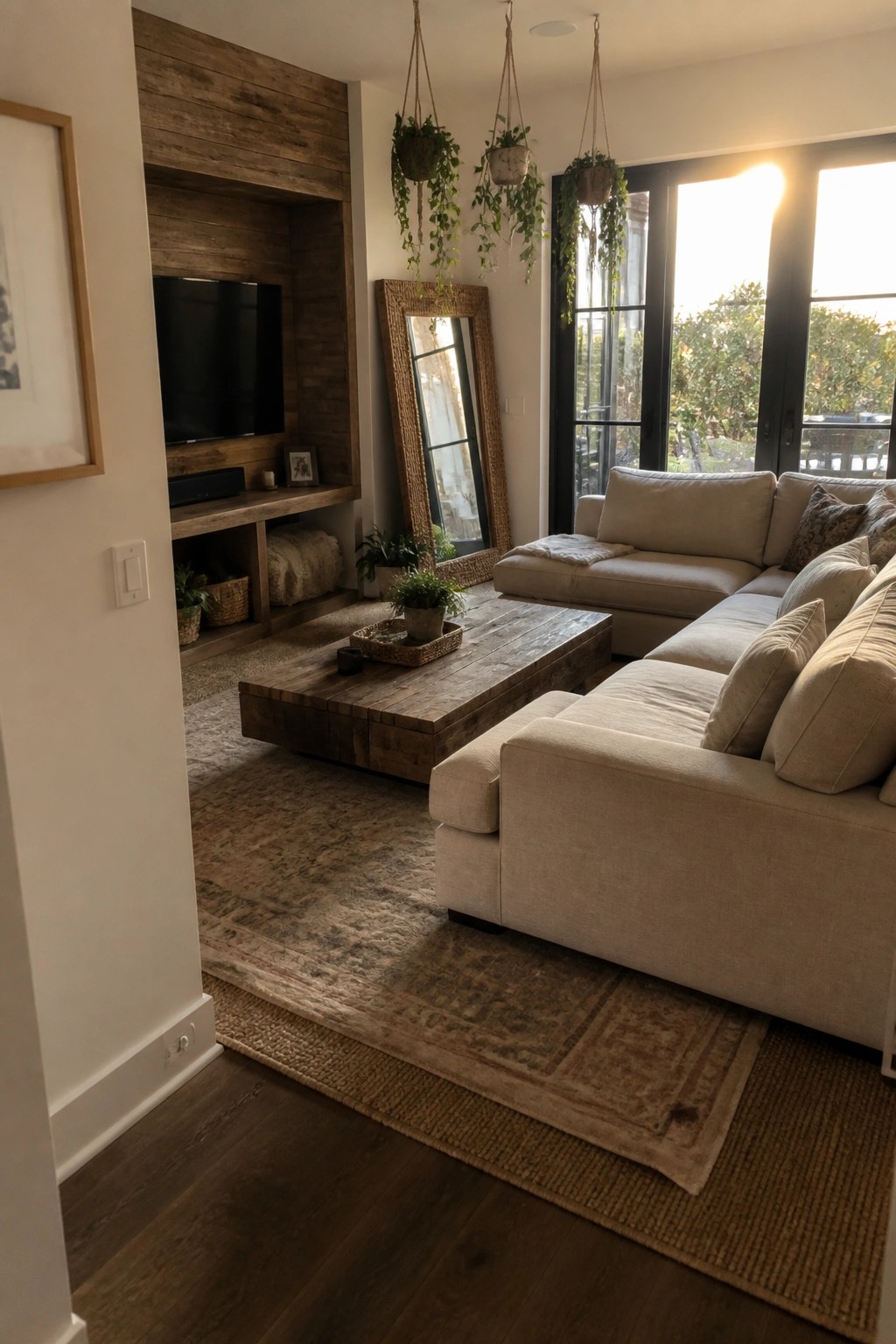 Sunlit living room with beige sectional sofa, wooden coffee table, and hanging plants