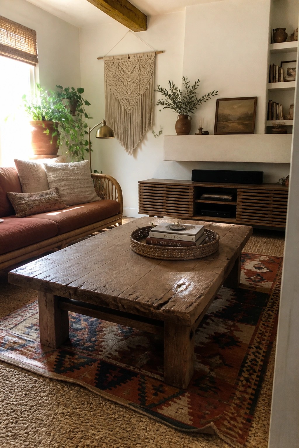 A living room with a large reclaimed wood coffee table on a patterned rug, a rust-colored sofa, and a macrame wall hanging.