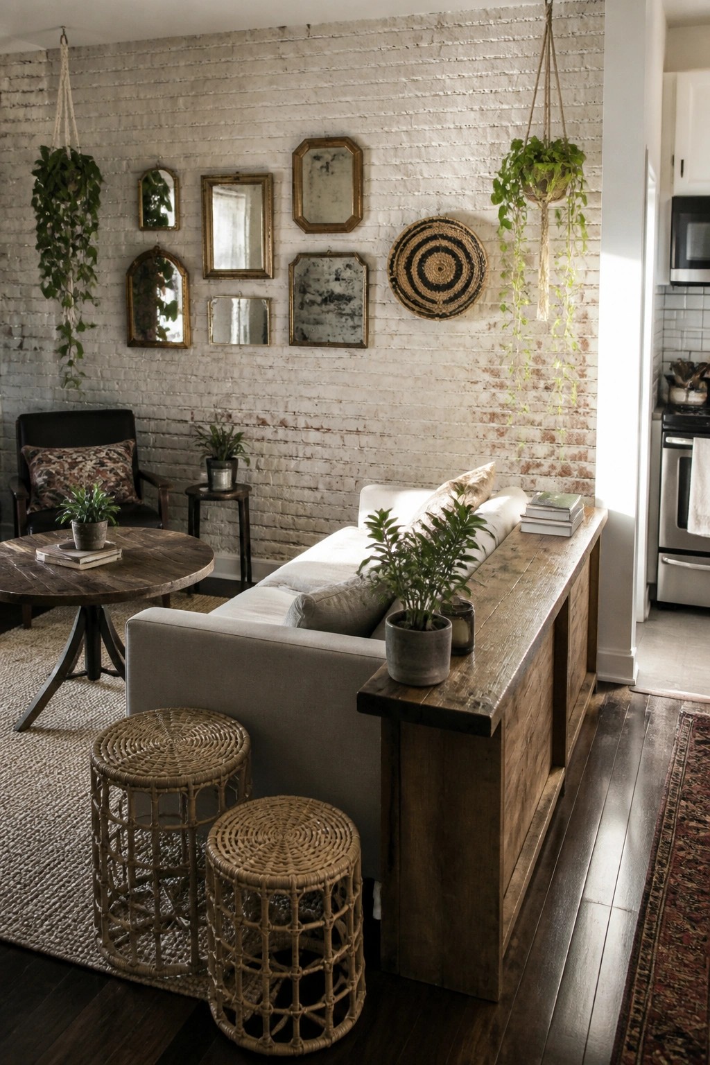 A living room featuring a gray sofa against a white brick wall, with a long reclaimed wood console table behind it, woven stools in the foreground, and hanging plants on the wall.