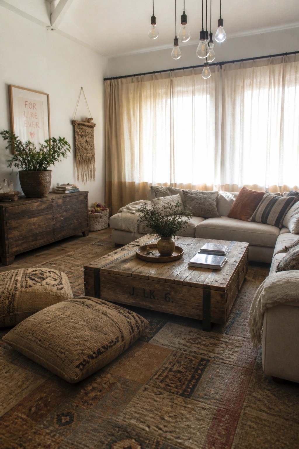 Cozy bohemian living room with rustic crate table, sectional sofa, floor pillows, and hanging lights.