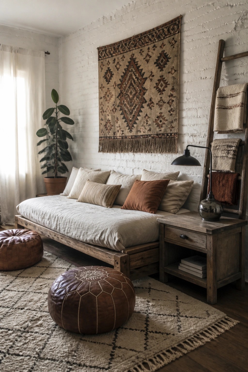 A living room with a reclaimed wood daybed against a white brick wall, layered neutral pillows, a large patterned tapestry above, two brown leather poufs on a woven rug, and a rustic wood side table holding a black lamp.