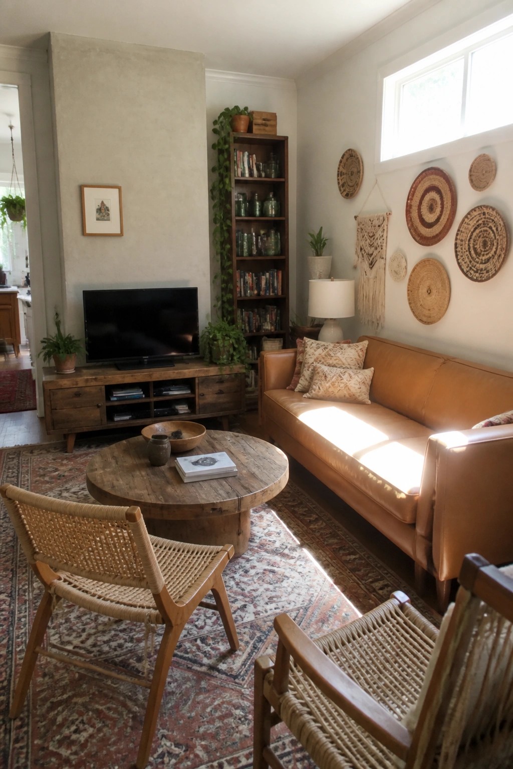 A living room featuring a round reclaimed wood coffee table, brown leather sofa, woven chairs, patterned rug, and boho wall decor with woven baskets and macrame.