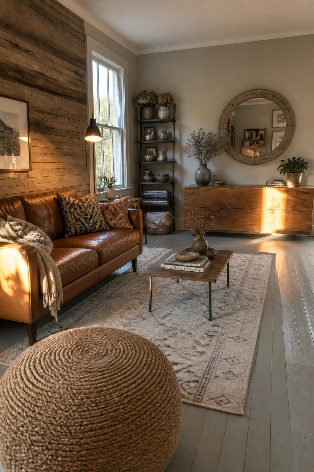 A living room featuring a brown leather sofa against a wood accent wall, a wooden coffee table on a patterned rug, and a round mirror above a wooden console table.
