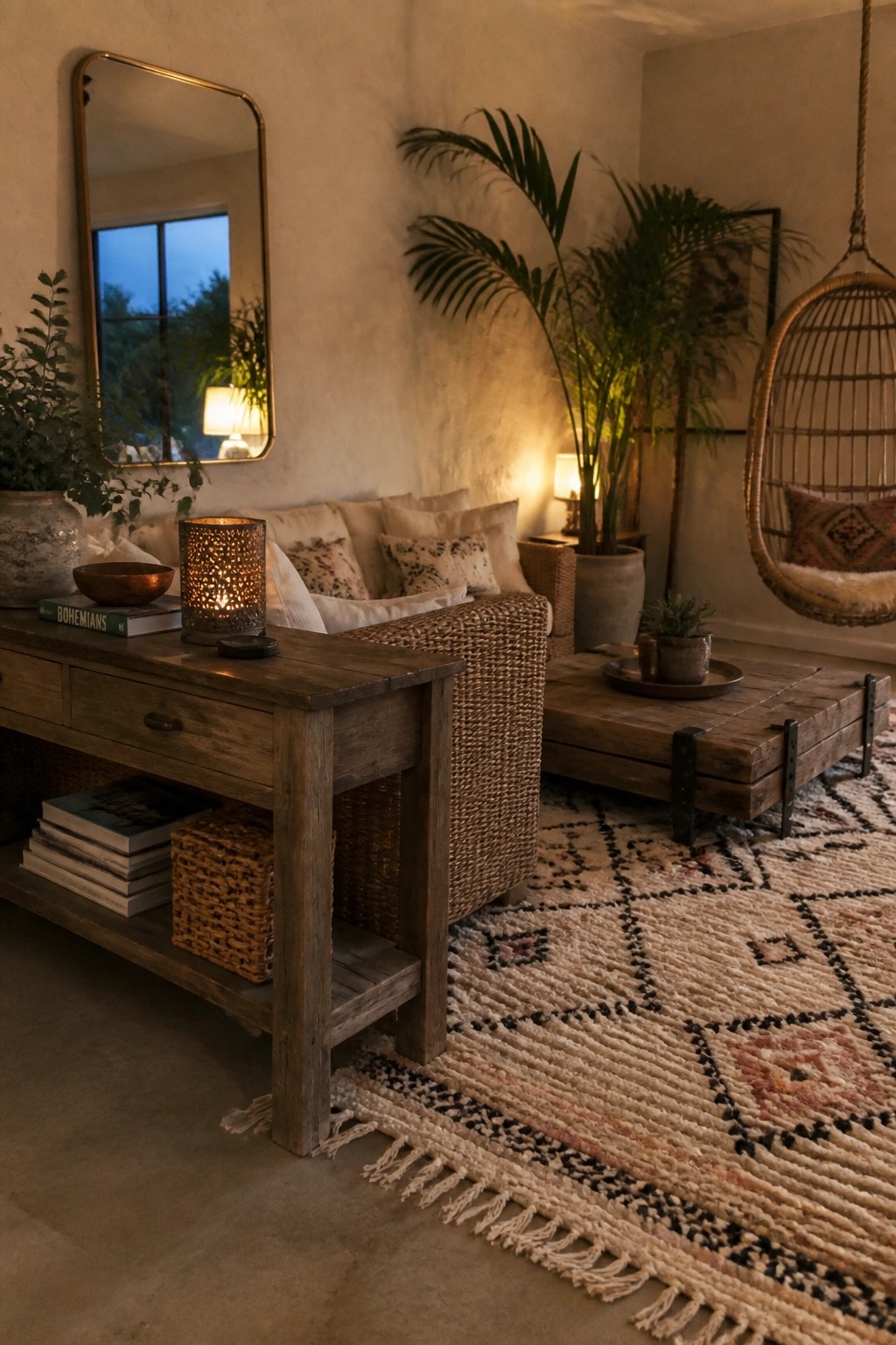 A living room interior featuring a reclaimed wood console table, wooden coffee table, woven sofa, hanging rattan chair, patterned rug, and several potted plants under warm lighting.
