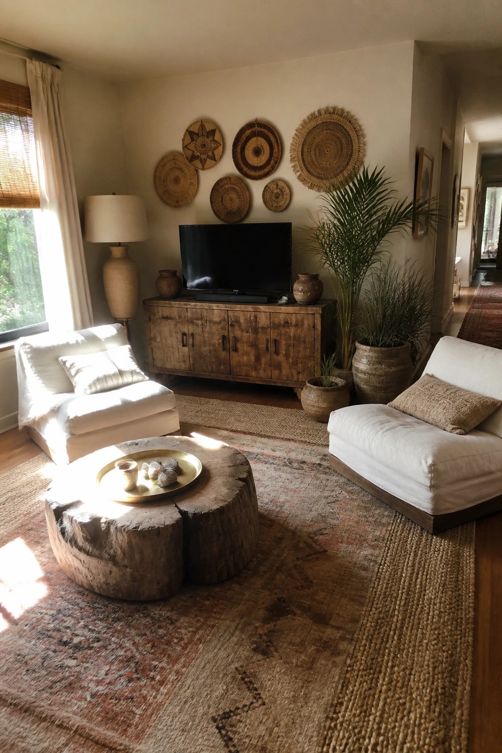 Sunlit living room with white chairs, tree stump table, woven wall baskets, and plants.