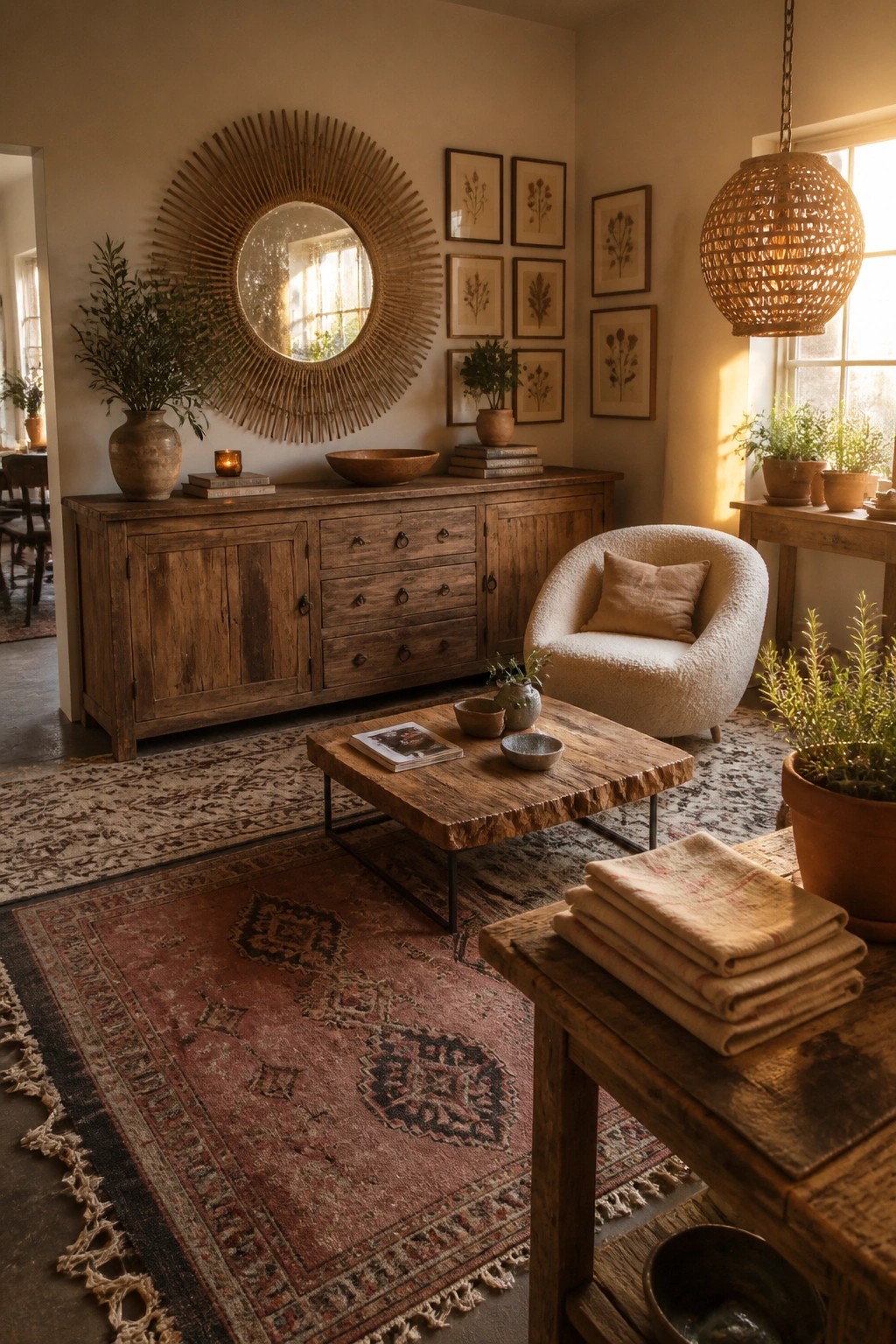 A living room with a large reclaimed wood sideboard under a round sunburst mirror, a wooden coffee table, a white boucle chair, and layered patterned rugs.