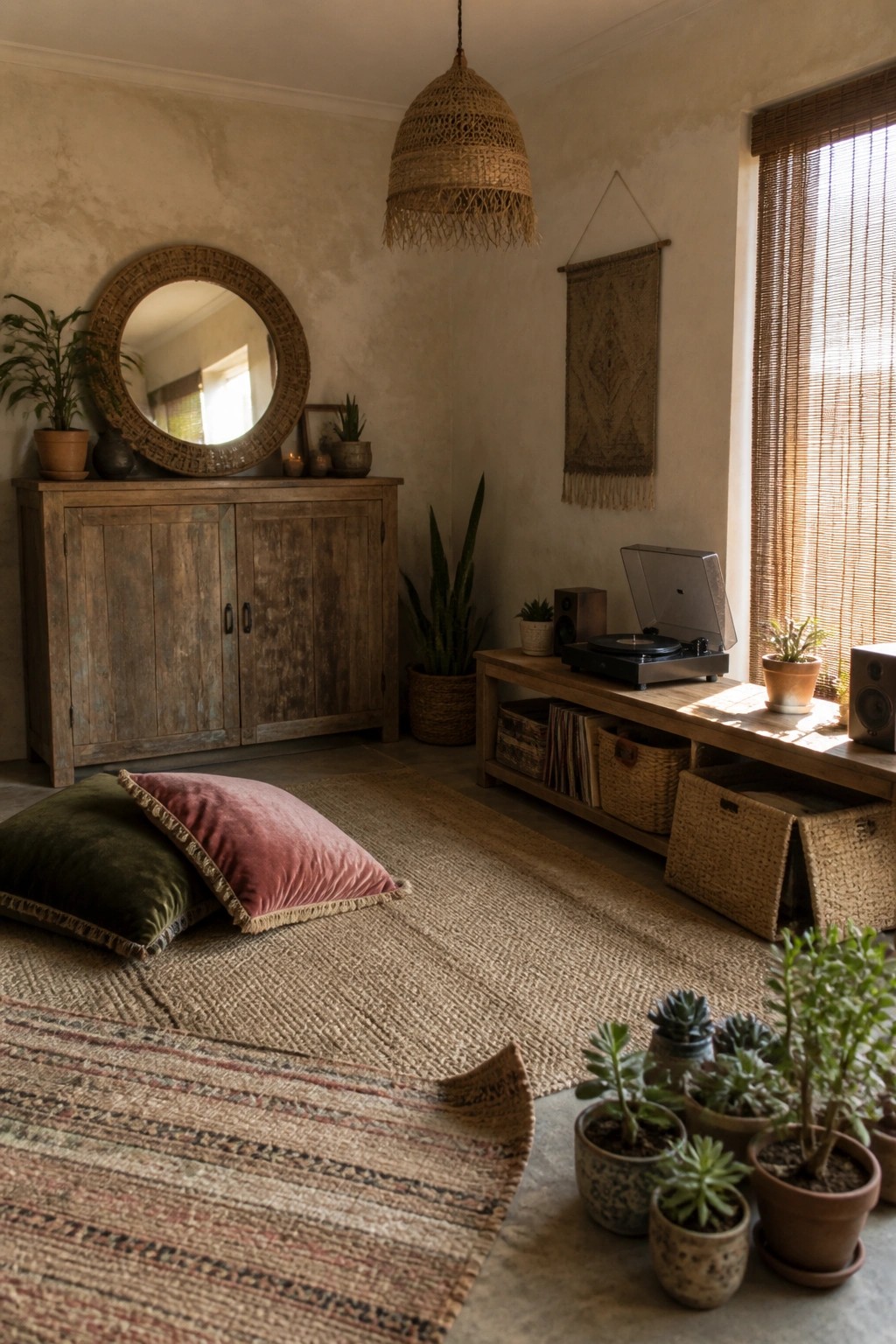 A living room with reclaimed wood cabinet and low console table, record player, woven baskets, potted plants, round mirror, and layered rugs on concrete floor.