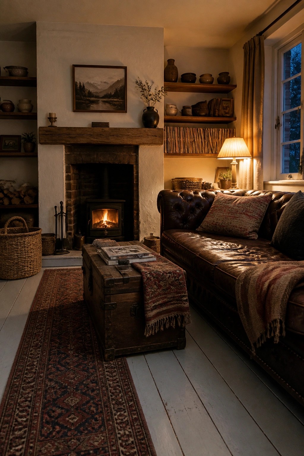A living room with a dark leather sofa, a wooden trunk used as a coffee table, a lit wood stove in a brick fireplace, and a patterned rug on white floorboards.