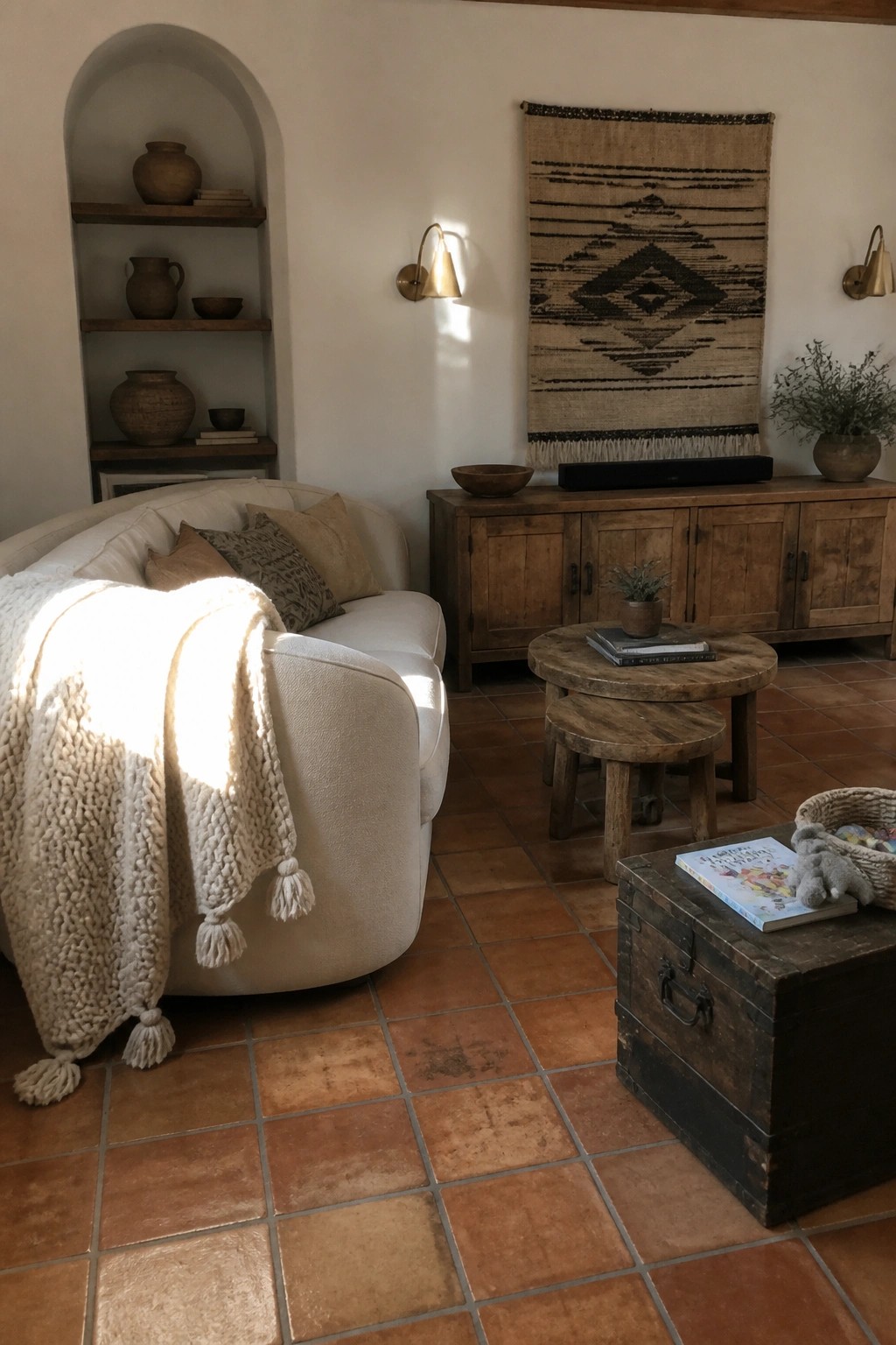 Sunlit living room with curved white sofa, knit blanket, terracotta tiles, and rustic wood furniture.