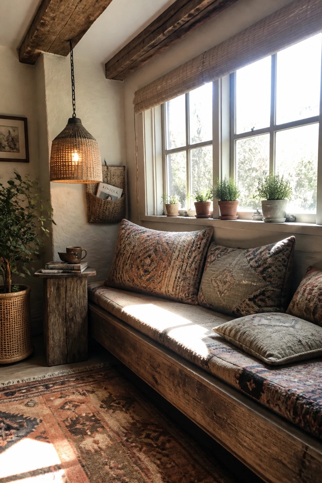 A long reclaimed wood bench with cushions sits beneath a multi-paned window lined with potted plants in a rustic interior.
