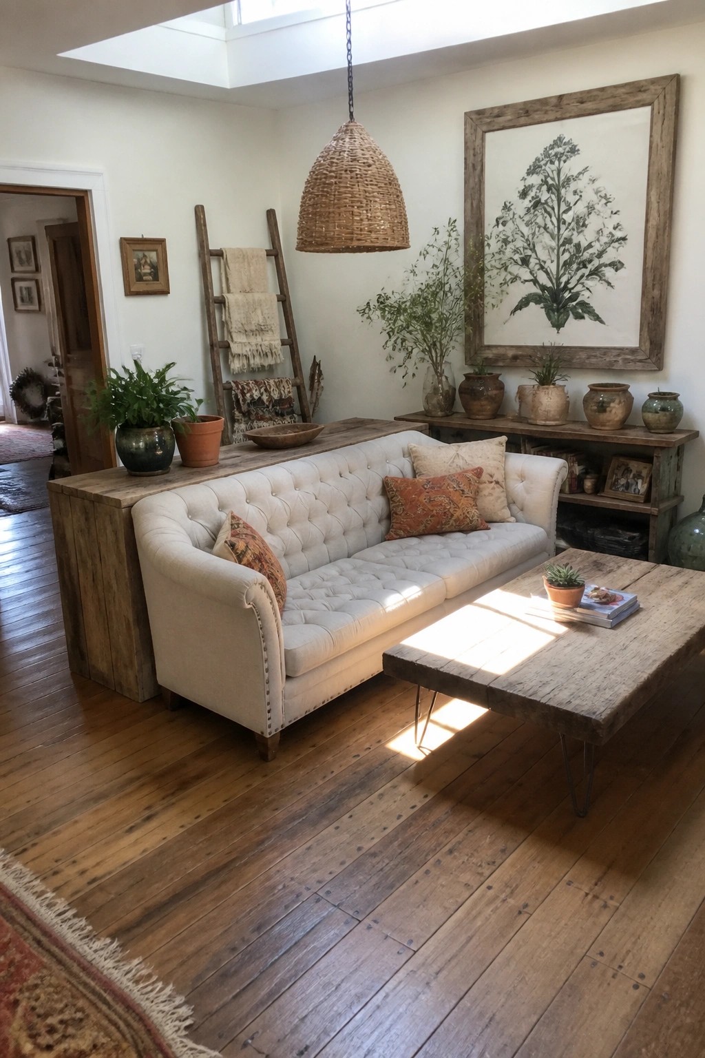 A living room with a white tufted sofa positioned in front of a long reclaimed wood console, a rustic coffee table in front, and various potted plants and pottery on surfaces.