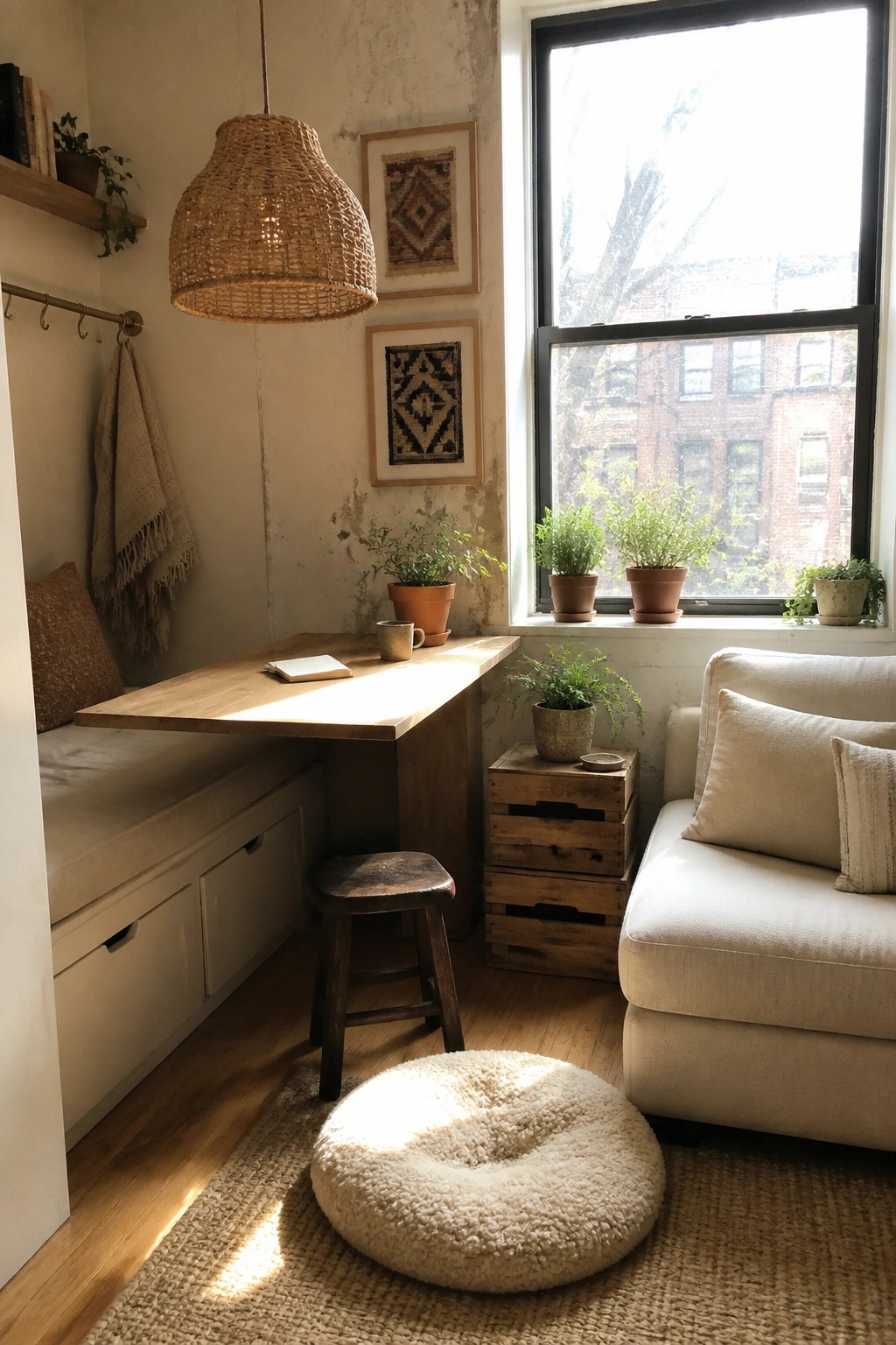 A small interior room with a wooden wall-mounted table, built-in bench with storage drawers, hanging wicker light, white sofa, and large window with potted plants on the sill.