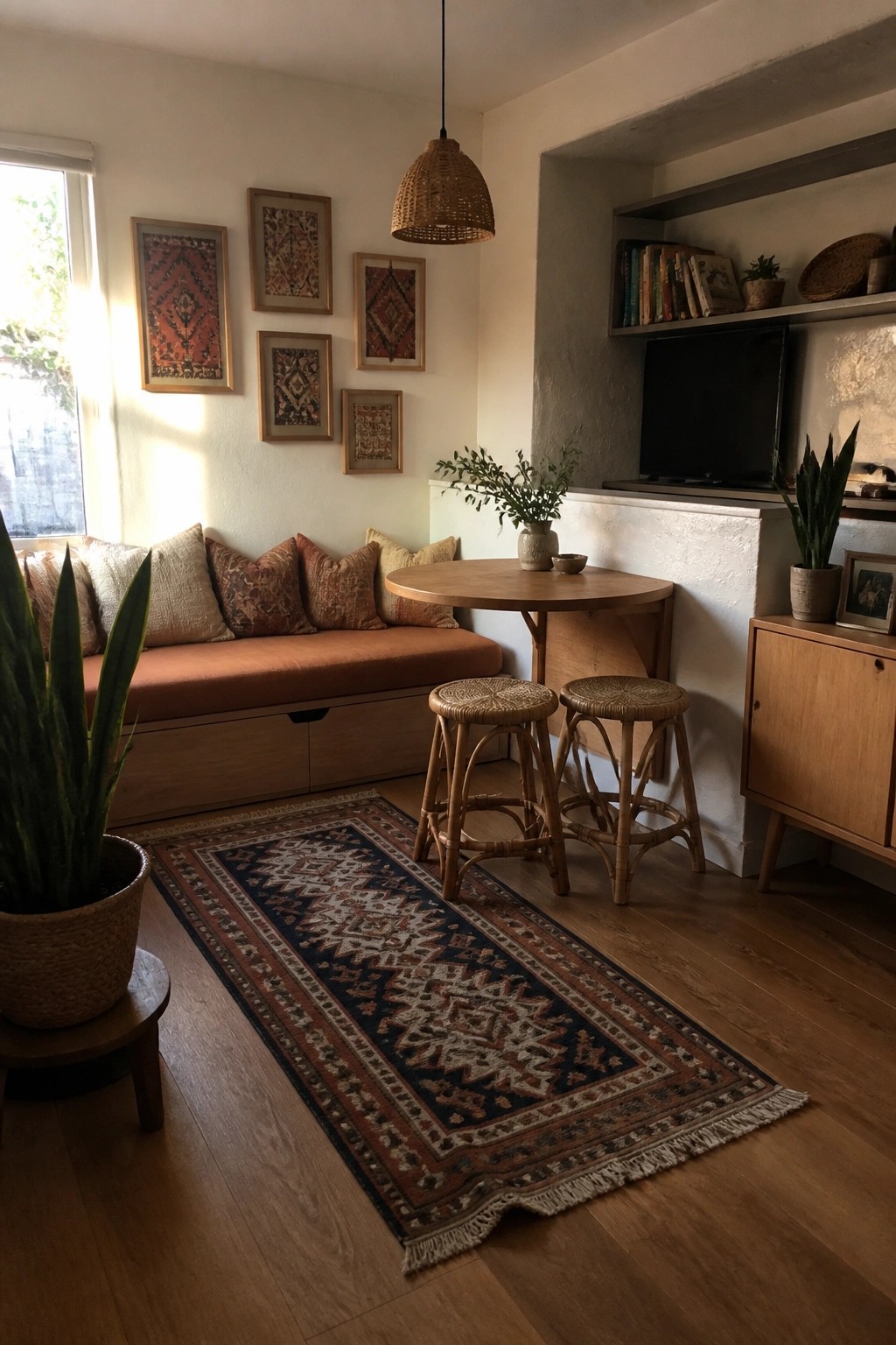 A compact living room features a built-in wooden bench with orange cushions and storage drawers, a round wall-mounted table, two rattan stools, a long patterned rug, and several framed textiles on the wall.