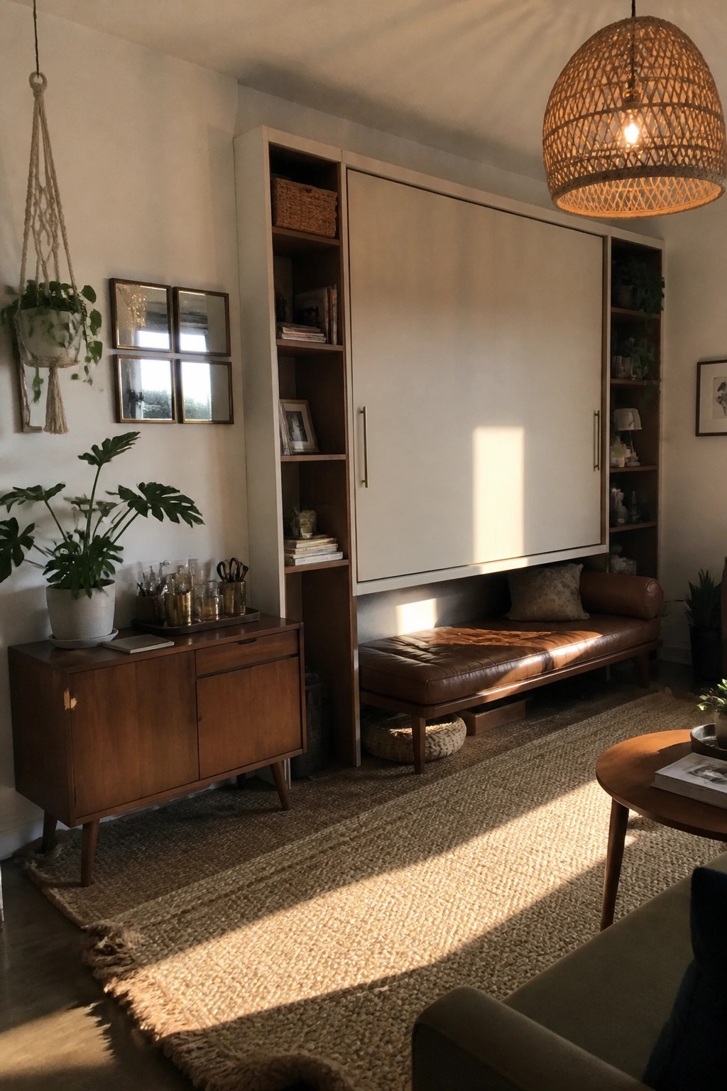 A living room interior showing a large built-in wall unit with white cabinet doors, open wooden shelves, and a brown leather bench seat underneath on a woven rug.