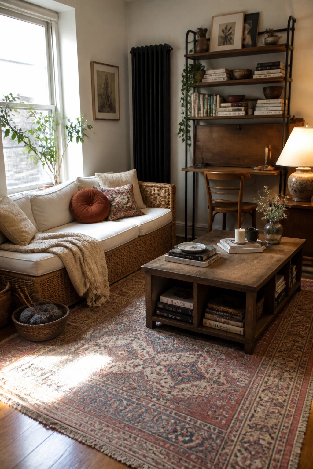 A small living room with a woven sofa, a wooden coffee table with open storage cubbies filled with books, and a tall shelving unit against the wall.