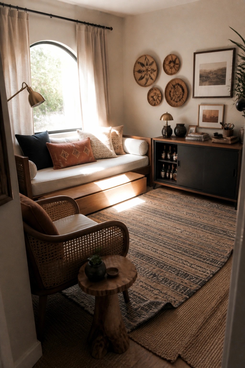 A small living room with a wooden daybed under an arched window, a woven chair, a round side table, and a dark storage cabinet against a light wall with woven baskets and framed art.